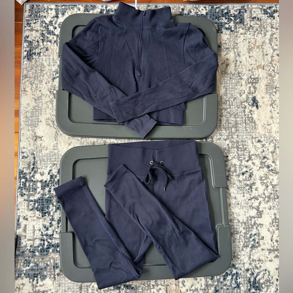 Navy Blue Ribbed Activewear Set